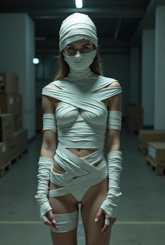 (Spooky hospital room in the midnight, closed curtains), outfit: wearing white bandages only, (whole hospital room shot), ( show shaved realistic armpits with squat pose), ((in the abandoned, shabby messy hospital room, scatter blood all over the room)), ultrahighres , Best Quality, 32k, masterpiece, (portrait), 1 female, (Full Body Shot), ((Wrapping your whole body with a white bandage like Mummy)), disclosed ultra huge cleavage, Spilling ultra huge breast from white bandages, exposed chest,