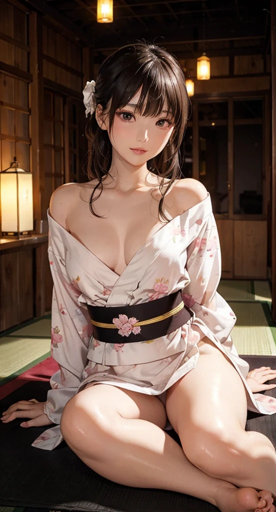 Prompt:
“A stunning young woman wearing a mini yukata with a modern, alluring design. The yukata is made of soft, silky fabric with a vibrant floral pattern in shades of pink and white, contrasting beautifully against a black background. The hemline is short, revealing her toned thighs, while the neckline is loosely tied, giving a subtle glimpse of her collarbone and upper chest. She has an elegant obi belt tied at the back, accentuating her slender waist. Her hair is styled in a loose bun with a few soft strands framing her face, adorned with a delicate flower hairpin. She is barefoot, sitting on a tatami mat with one leg slightly bent, exuding a mix of charm and playfulness. The warm glow of traditional lanterns softly illuminates the setting, highlighting her flawless skin and shy, inviting expression.”