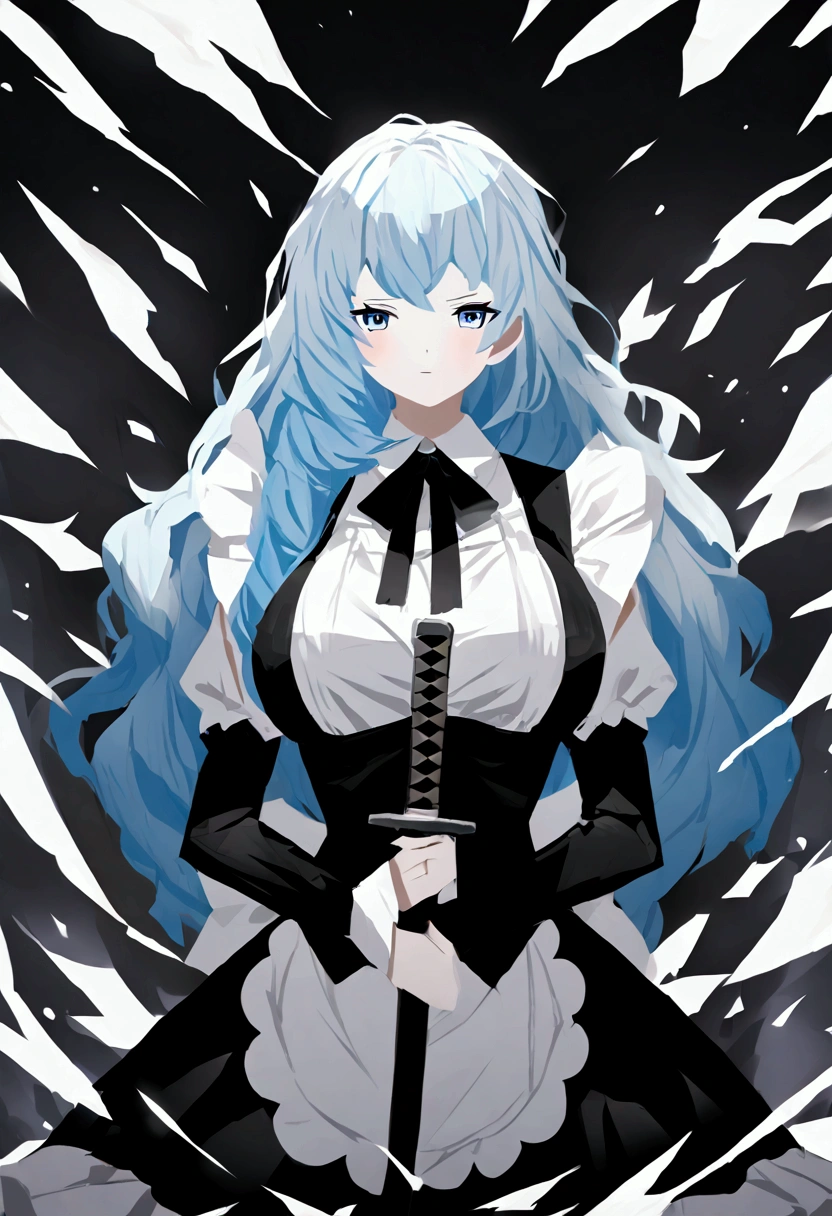 Long hair, fluffy blue hair with white stripes, blue eyes, wearing a maid outfit with big breasts holding a katana.