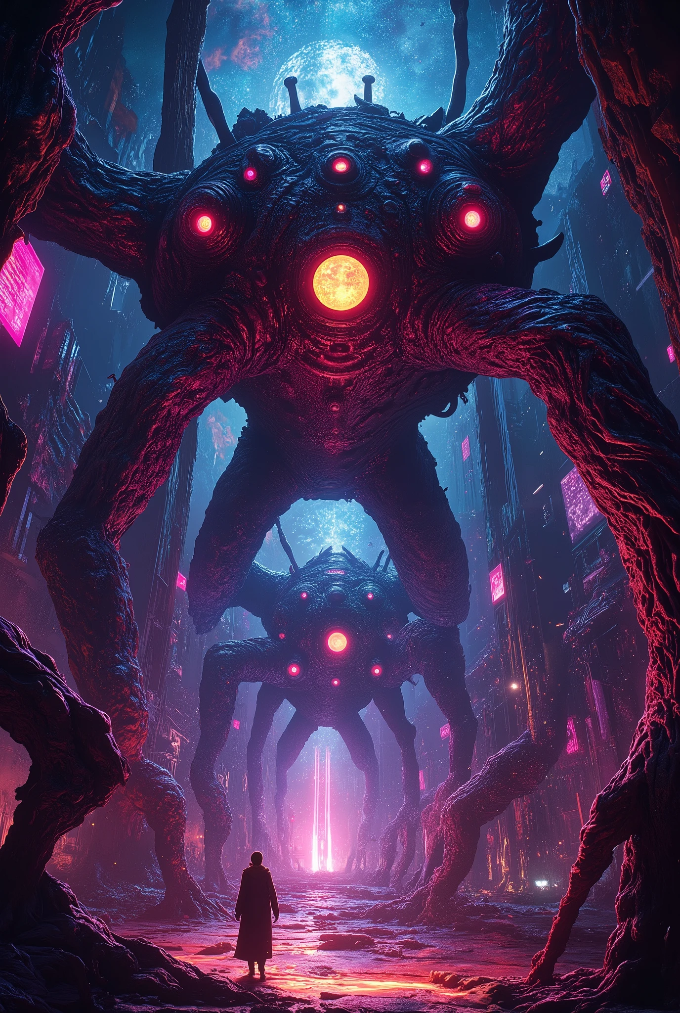 (best quality,4k,8k,highres,masterpiece:1.2),ultra-detailed,(realistic,photorealistic,photo-realistic:1.37),A neon-colored, mechanical biomorphism,horror art,intricate details,maximalist perfect illustration,digital painting art,quantum world,place of fear,surreal,dark,ominous,nightmarish,twisted,unsettling,unnerving,otherworldly,abstract,geometric,futuristic,cyberpunk,chiaroscuro,dramatic lighting,moody atmosphere,rich colors,deep shadows,glowing elements,unsettling anomalies