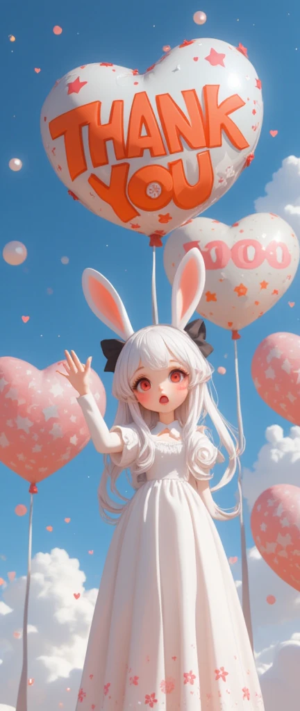  Cute pop balloons shaped  "THANK YOU 1000". Pop and vivid and comical and colorful and  art.  All floating in zero gravity lightness .  beautiful and colorful heart and star marks . rabbit \( chibi,, kawaii, Red Eyes,Orelhas de rabbit branco,  wearing a pretty white dress embroidered with shiny white silk,  luxuriously braided long white hair ,  big black hair ribbon , amazed face , to smile,  pose, waving hand, Idol\)  floating in the air.  everything floats to the sky .  good humor , grateful humor . thanking. beautiful sky.  anime style .perfect hand,detailed hand,