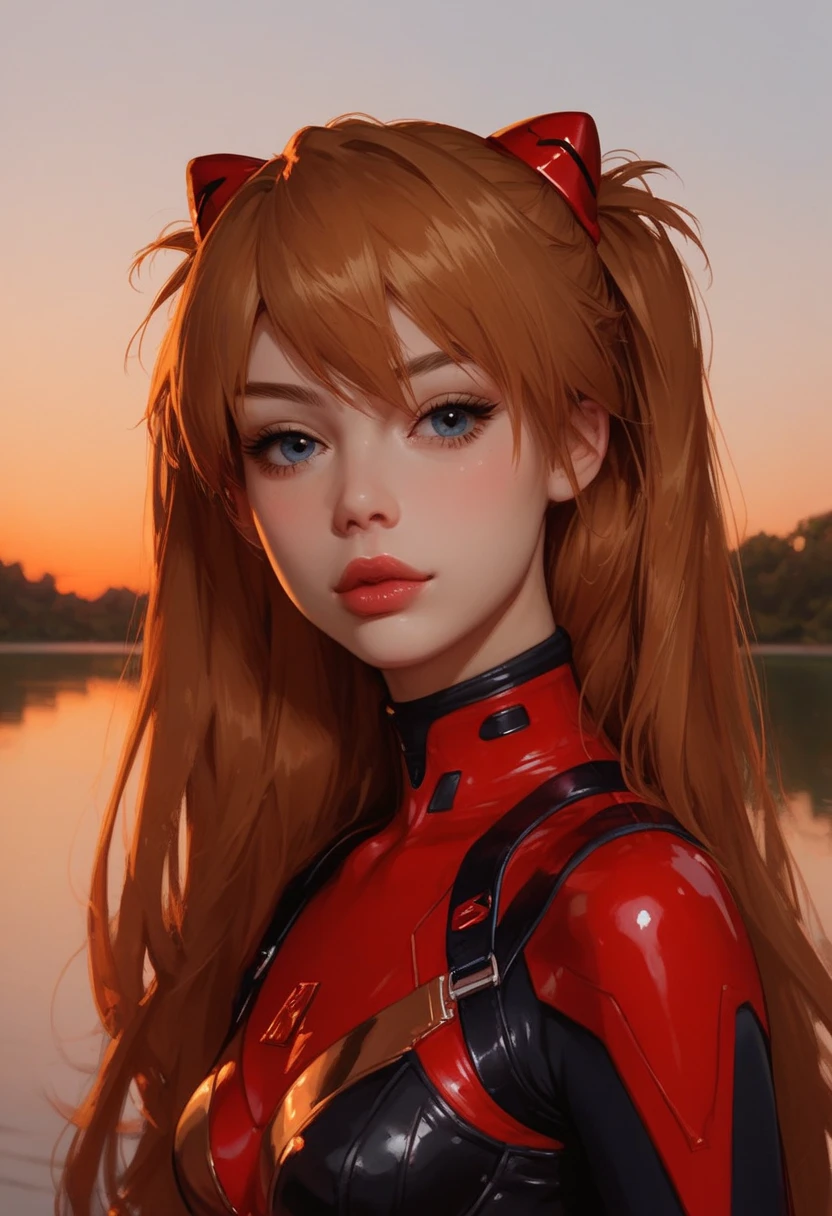 score_9, score_8_up, score_7_up, Western Comics, Portrait, Asuka Langley Soryu, cute, seductive, innocent, light smile:0.3, plump lips, slender body, long hair, floating hair, red plugsuit, sunset, lake background, depth of field, dynamic angle, fashion photography, sharp, hyperdetailed:1.15