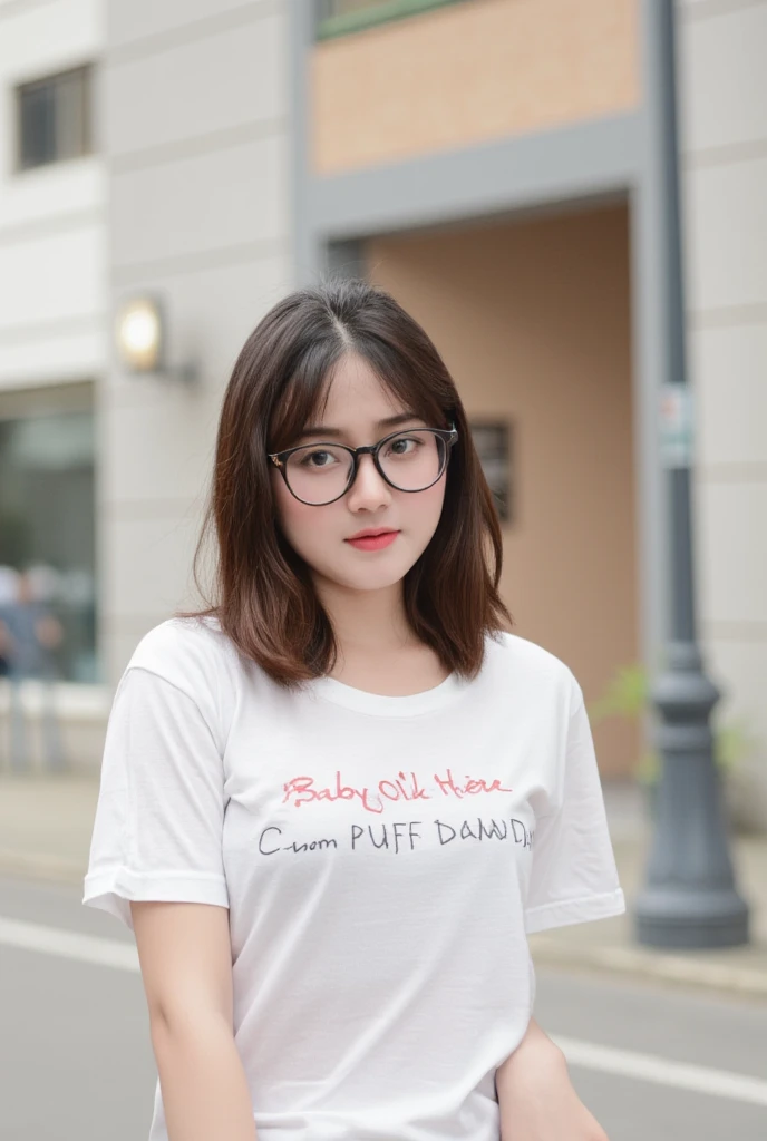 Captured at eye-level, a medium-sized Asian woman with long dark brown hair and glasses, petite body wearing a white fitted t-shirt and a white skirt. The woman's shirt reads "Baby Oil Here" in bold red letters, "C-mon PUFF DADDY" in black bold letters. The background is blurred, with a building on the right side of the frame. American City