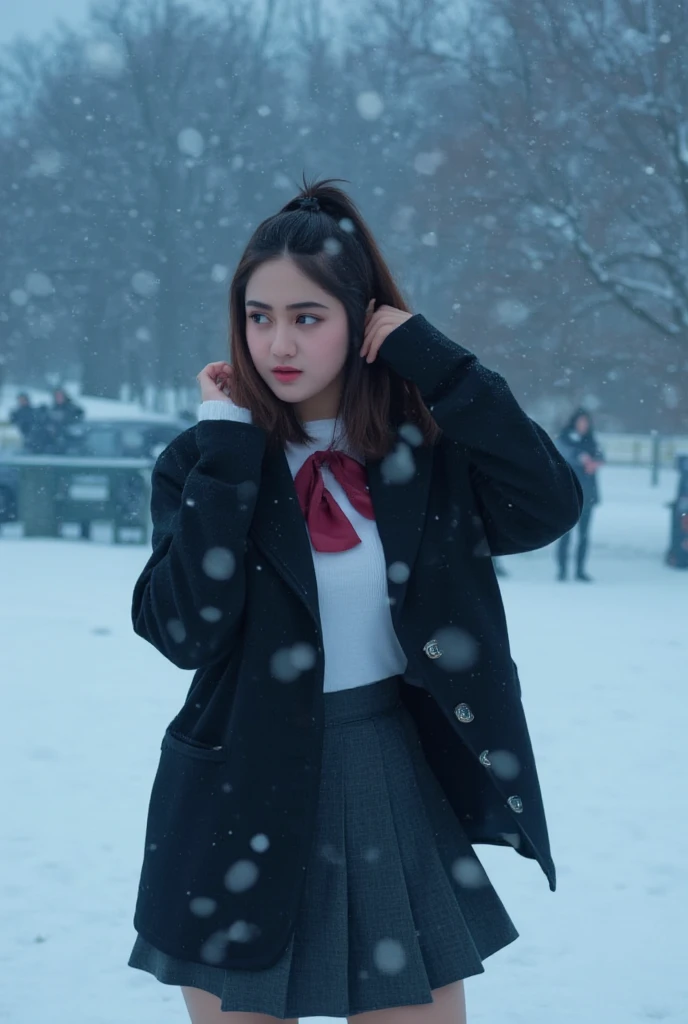 In this 8k RAW masterpiece, a young woman stands amidst a serene snowfall, surrounded by delicate snowflakes and misty atmosphere. Her dark blazer with silver buttons complements the flowing pleated skirt, while a bold crimson tie and tights add a striking pop of color against the snowy backdrop. Soft, cinematic lighting casts a bluish glow, amplifying the dreamy ambiance as iridescent particles dance around her. She's lost in thought, holding her hand to her ear with an introspective expression.