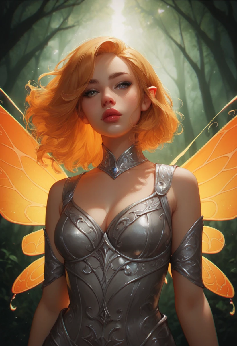 score_9, score_8_up, score_7_up, Western Comics, Portrait, girl, fire fairy, cute, seductive, innocent, light smile:0.3, plump lips, slender body, french bob copper hair, silver eyes, in high detailed copper light armor, reflective, intricated, big detailed flaming wings, symmetrical wings, chromatic aberration, colorful, bright colors, moonlight passing through hair, enchanted forest background, depth of field, dynamic angle, fashion photography, sharp, hyperdetailed:1.15