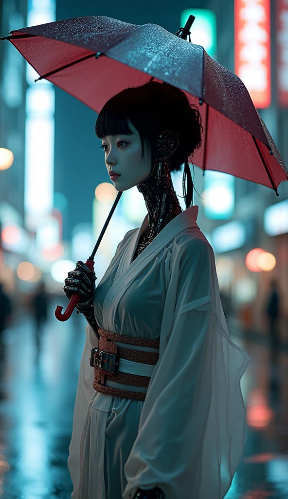 a woman robot with full mechanical grey and silver body, with gears, cables, and iron plates, (wearing transparent Yukata:1.4), the body is seen underneath the yukata, she is looking at viewer,  front view, center framing, the background is the futuristic cyberpunk city, night time, with neon lights, digital art.