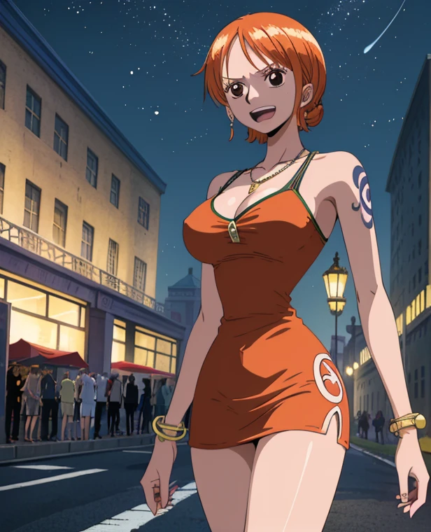  ( top quality , 4K, 8k,  high definition , masterpiece:1.2),  super detailed , ( realistic , photo realistic , photo- realistic :1.37) , Official Art , drawn in anime style , Nami in One Piece,Beautiful pale orange hair,Chignon, braids , Dominant Smile ,smile,Left shoulder tattoo, necklace, Big Breasts ,A gorgeous purple dress,( jumping up and down),Around town, orange street lamp,(night), Eiffel Tower, Beautiful Starry Sky,アートスタイルはCharmingなアニメスタイルに似ている.  rendering. For enhanced visual effect, Add HDR, 超 high definition ,  Studio Lighting , Fine painting,  sharp concentration , 物理ベース rendering,  detailed description ,  professional ,  bright colors , ボケはなく安定拡散 professional ンプトを、Please enter as is, Generate realistic anime style for Nami in One Piece ,((( top quality ))), (( super detailed )),((masterpiece:1.5)),  detailed pictures, ( top quality : 1.4), ( One Girl ) , beautiful skin, Charming, 超 high definition ,  high image quality, (Sexually excited:1.5), Cinematic Writing:1.7, Sunshine Spot:1.3,shadow spot 1 .2,Perfect means, Perfect Limbs ,Perfect means