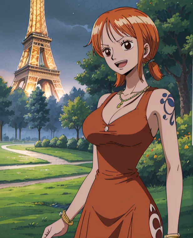  ( top quality , 4K, 8k,  high definition , masterpiece:1.2),  super detailed , ( realistic , photo realistic , photo- realistic :1.37) , Official Art , drawn in anime style , Nami in One Piece,Beautiful pale orange hair,Chignon, braids , Dominant Smile ,smile,Left shoulder tattoo, necklace, Big Breasts ,A gorgeous purple dress,( jumping up and down),Around town, orange street lamp,(night), Eiffel Tower, Beautiful Starry Sky,アートスタイルはCharmingなアニメスタイルに似ている.  rendering. For enhanced visual effect, Add HDR, 超 high definition ,  Studio Lighting , Fine painting,  sharp concentration , 物理ベース rendering,  detailed description ,  professional ,  bright colors , ボケはなく安定拡散 professional ンプトを、Please enter as is, Generate realistic anime style for Nami in One Piece ,((( top quality ))), (( super detailed )),((masterpiece:1.5)),  detailed pictures, ( top quality : 1.4), ( One Girl ) , beautiful skin, Charming, 超 high definition ,  high image quality, (Sexually excited:1.5), Cinematic Writing:1.7, Sunshine Spot:1.3,shadow spot 1 .2,Perfect means, Perfect Limbs ,Perfect means