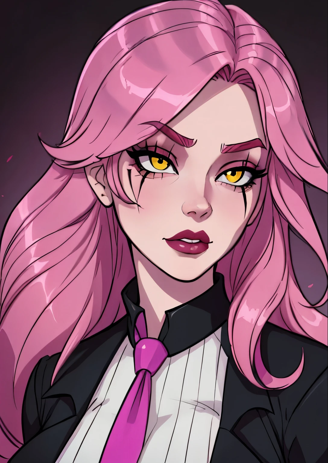 masterpiece, best quality, 1female, beautiful, face portrait, deep makeup, 1girl, face focus, long hair, pink hair, messy hair, goth, scar over eye, makeup, pale skin, academiaKat, yellow eyes, detailed, necktie