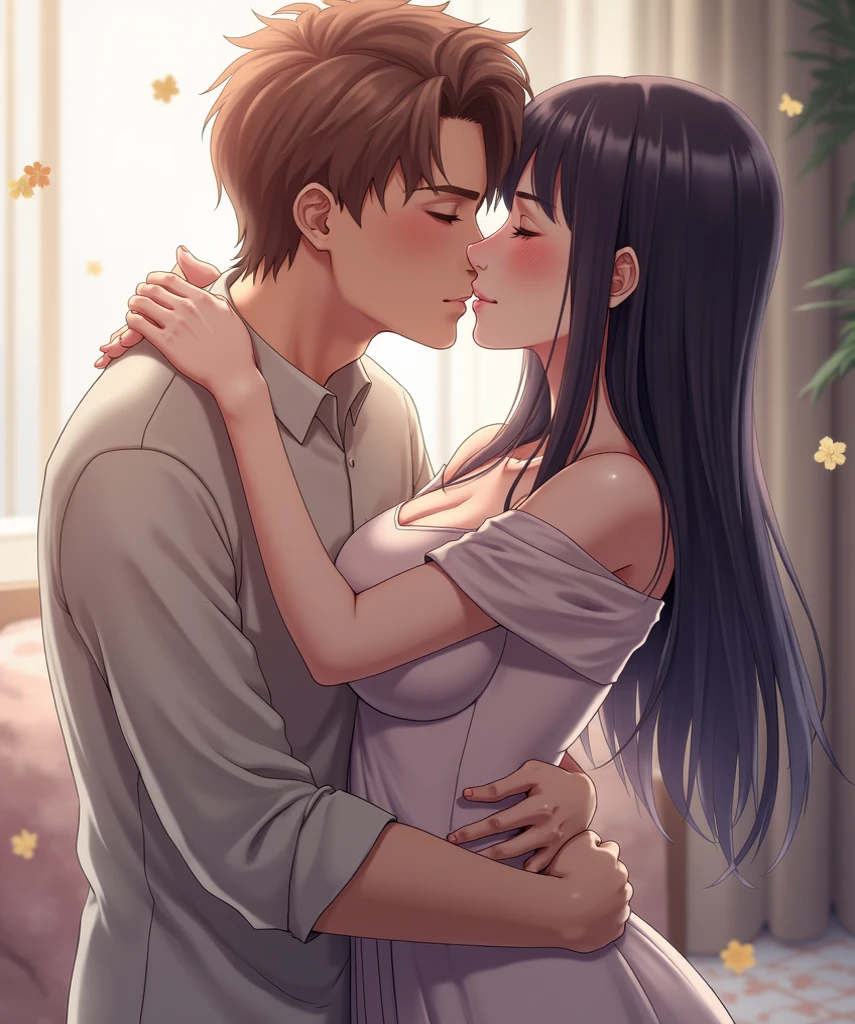 man and girl,Character design sheet,Beautiful attention to detail,Beautiful lip detail,Very detailed目と顔,Long eyelashes,Realistic,photoRealistic:1.37,Very detailed,Professional,Vibrant colors,Studio Lighting,Sharp focus,Physically Based Rendering,High resolution,超High resolution. blue eyes,Big eyes， Long Hair，Curly hair、Black Hair，Red cheeks，Droopy eyeid-chest，Jacket，Red cardigan，White T-shirt，White long skirt，kiss, hugging