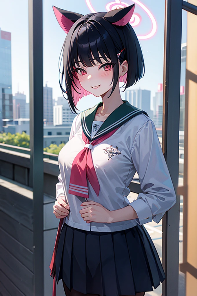 1 femboy,kazusa_bluearchive, black_hair, short_hair,wearing a japan sailor school uniform, black pantyhose,face red and embarrassed,smile ,standing sexypose in a city, close-up body .