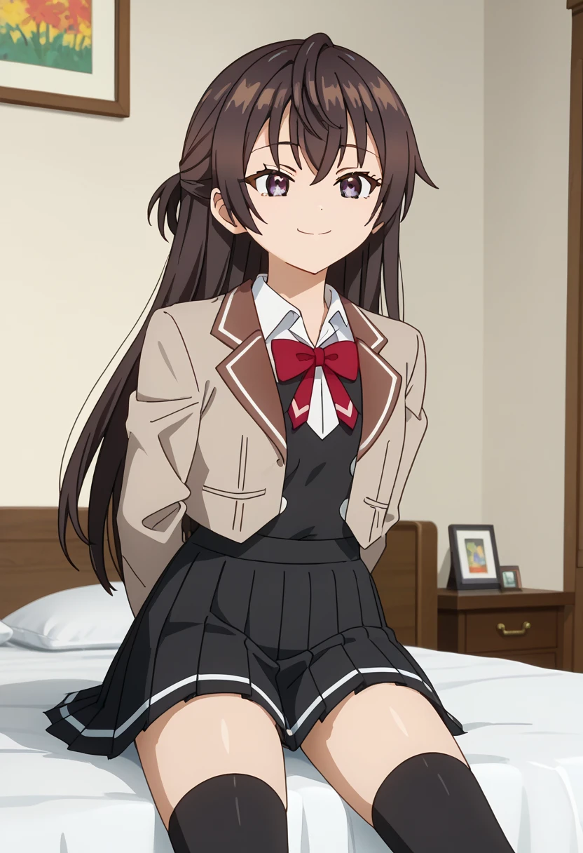 score_7_up, anime screencap,  Anime Coloring ,
 1 girl,   open mouse ,  Light Smile,  closes one eye,
 long hair, Brown Hair, hair between eyes, Multicolored eyes, half updo,
 Yuki School ,  cropped jacket,  brown jacket,  red bow tie,  white shirt, Black vest, button,  Long Sleeve ,  pleated skirt,  black skirt , ( black thigh high socks:1.2),
 fingers in the mouth, Arms behind back,  is watching viewers,  cowboy shot,bedroom, sitting in bed,