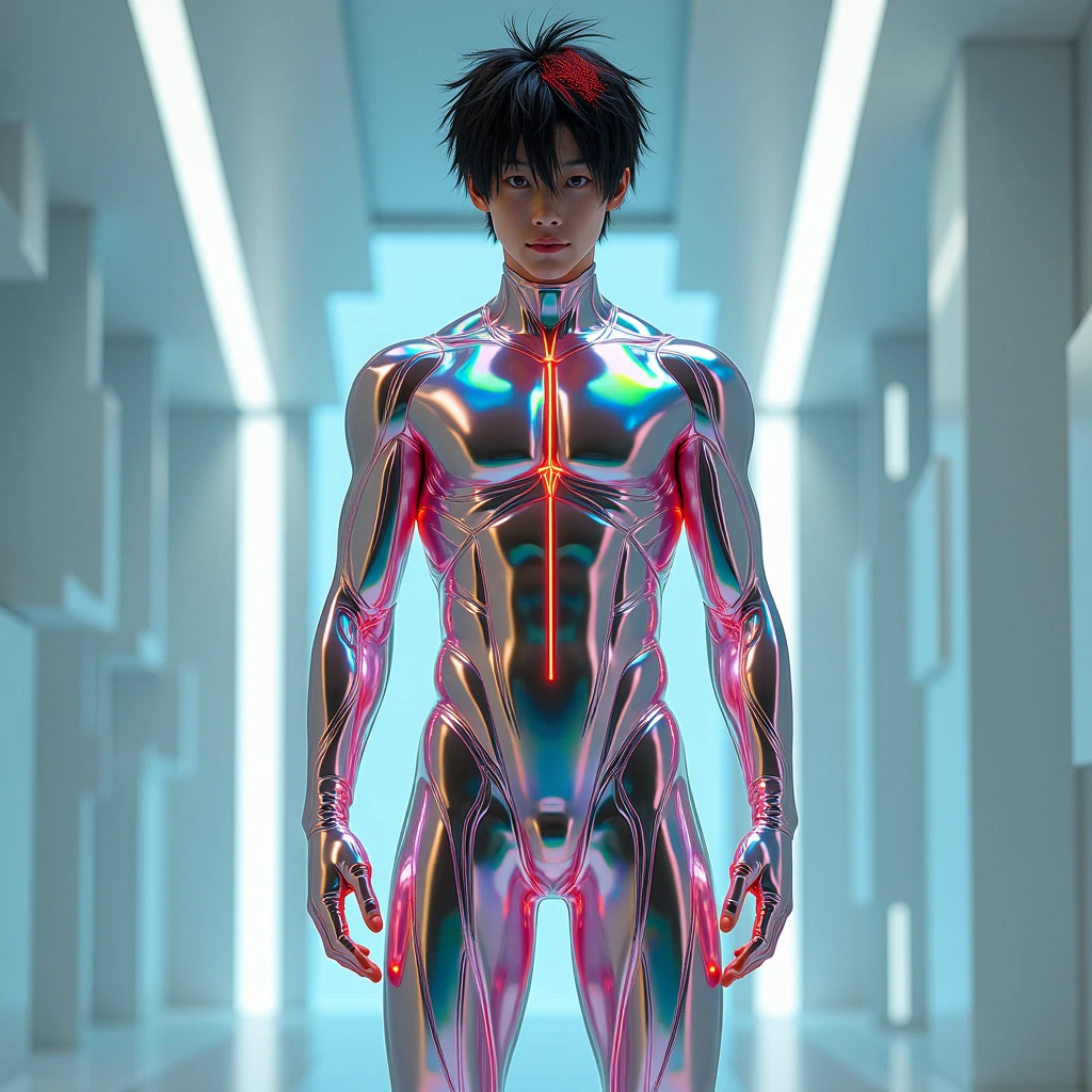 Imagine a glass man with blue eyes, dark hair and a red shirt.。