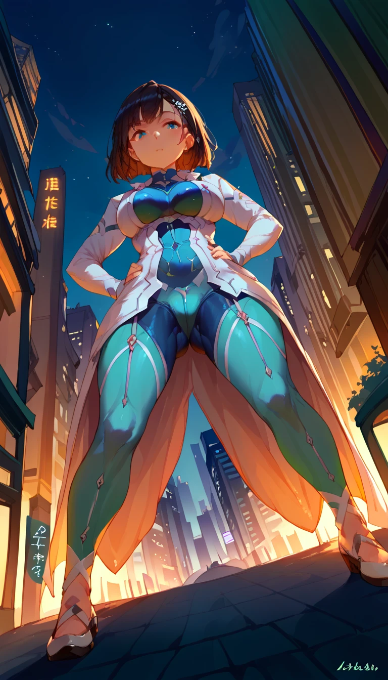 score_9, score_8_up, score_7_up, zPDXL, translation:,  1 girl, Alone,
bodysuit,   full body
Standing , hands on own hips, from below,  buttocks visible from thighs, front,  spread her legs,  Dutch Angle,
 outdoors on the street at night, city,  skyline,  blue sky