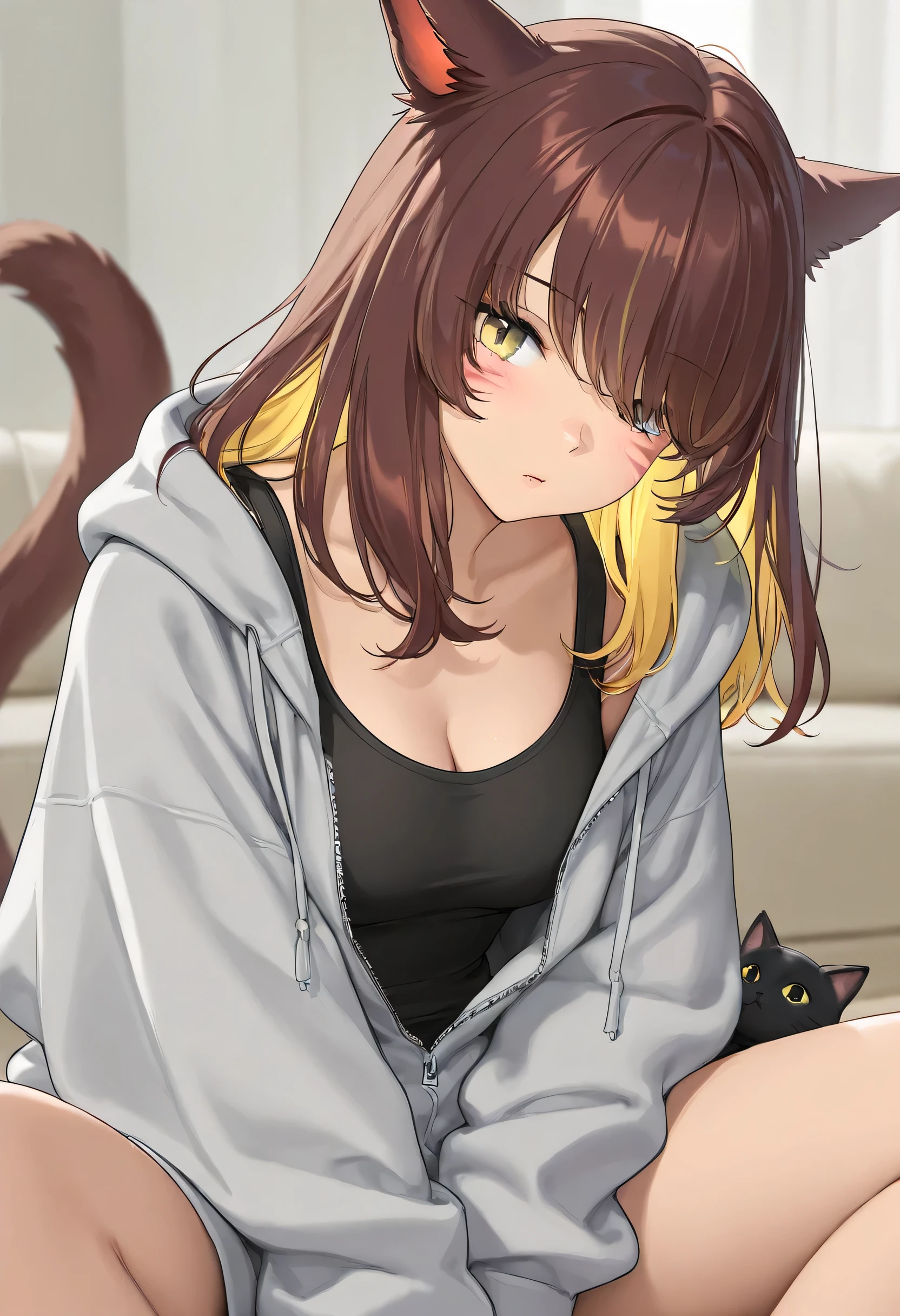 masterpiece,1girl, colored inner hair Brown hair Yellow hair, cat_ears, Black oversized hoodie,  inner tank top , Hair on one eye, Long hair tips, Miqo'te