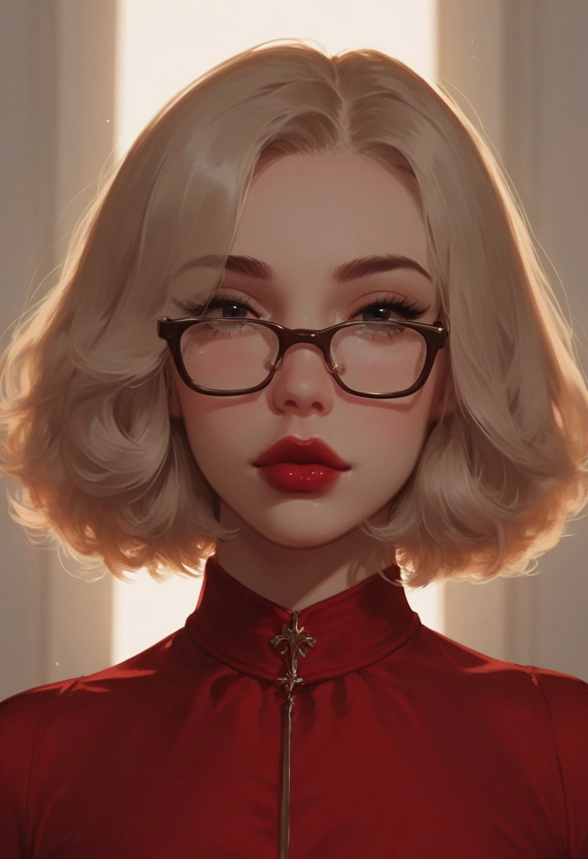 score_9, score_8_up, score_7_up, Western Comics, Portrait, girl, tunisian, cute, seductive, innocent, light smile:0.3, plump lips, slender body, short hair, slender, red lips, wearing glasses, wearing high detailed red dress, flirting, soft light passing through hair, side lighting, reflected light, depth of field, dynamic angle, fashion photography, sharp, hyperdetailed:1.15