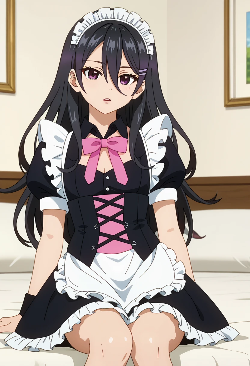 score_7_up, anime screencap,  Anime Coloring ,
 1 girl, Alone, Open lips,  Head Tilt,
 long hair,  black hair,  , hair between eyes,   purple eyes ,
Ayano Maid , hair clip,  Maid Headdress,   black dress,  pink ribbon,  puff sleeve,  wristband ,  corset,  layered skirt , White Skirt, knee brace ,  white knee-high,
 sitting in bed,  is watching viewers, bedroom