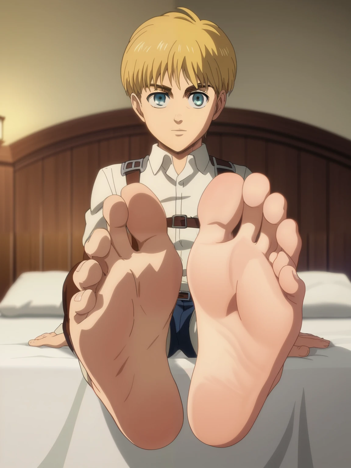 score_9, score_8_up,source_anime,
1boy, Armin Arlert,alone, looking at viewer, cowboy shot, anime screencap, anime coloring，barefoot，Perfect feet，Anatomically correct，soles，Focal length 35mm, Five toes，front，Symmetrical Soles，Foot Focus, in his bedroom, sitting on the bed, lifting legs to show his soles, flirty gaze, low angle