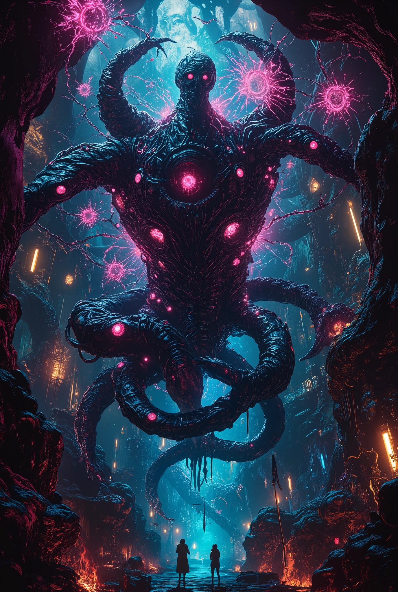 (best quality,4k,8k,highres,masterpiece:1.2),ultra-detailed,(realistic,photorealistic,photo-realistic:1.37),A neon-colored, mechanical biomorphism,horror art,intricate details,maximalist perfect illustration,digital painting art,quantum world,place of fear,surreal,dark,ominous,nightmarish,twisted,unsettling,unnerving,otherworldly,abstract,geometric,futuristic,cyberpunk,chiaroscuro,dramatic lighting,moody atmosphere,rich colors,deep shadows,glowing elements,unsettling anomalies