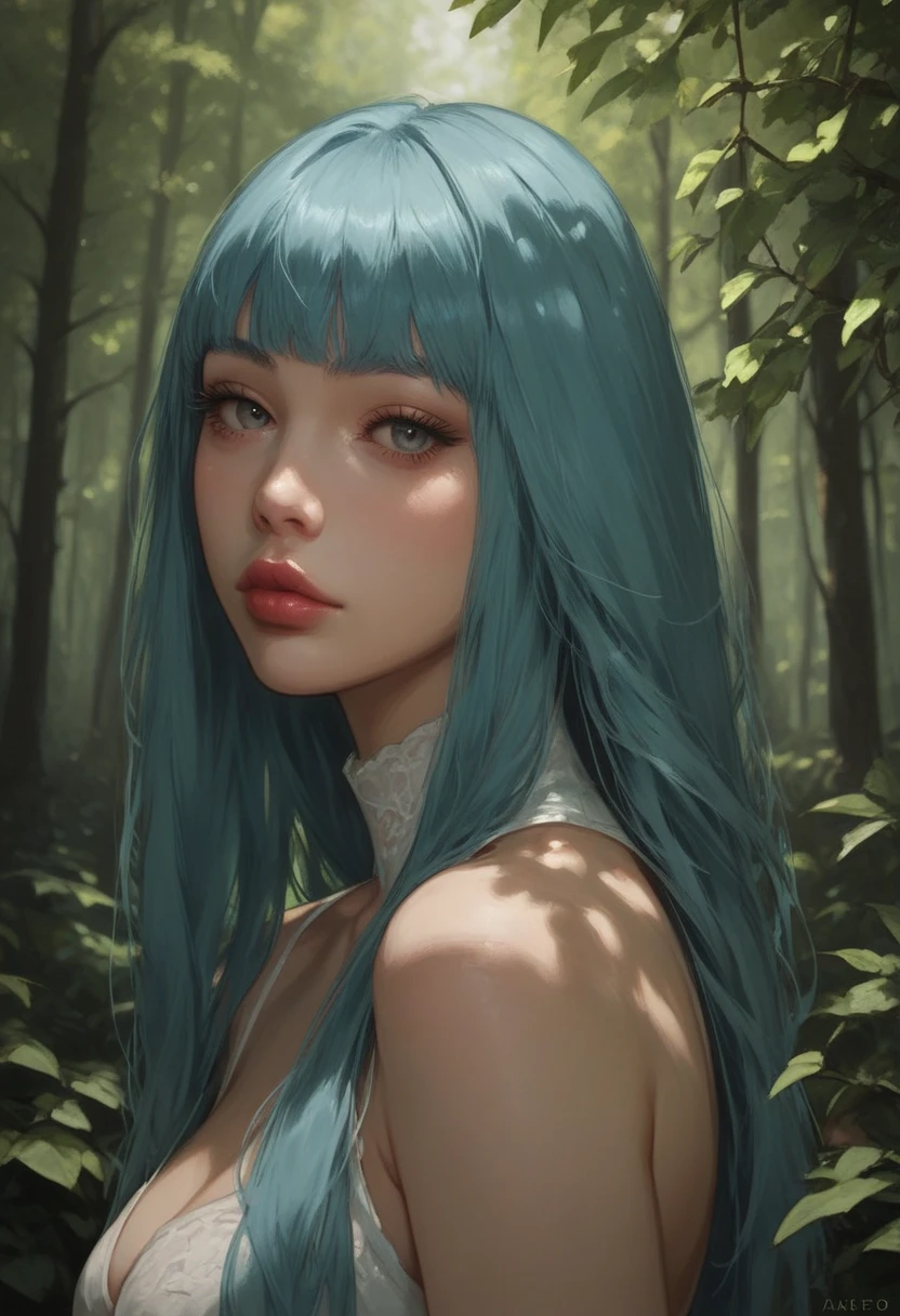 score_9, score_8_up, score_7_up, Western Comics, Portrait, girl, cute, seductive, innocent, light smile:0.3, plump lips, slender body, azure hair, long hair, detailed eyes, forest, bare shoulders, hanfu, lakes, pure, soft bamboo, depth of field, dynamic angle, fashion photography, sharp, hyperdetailed:1.15