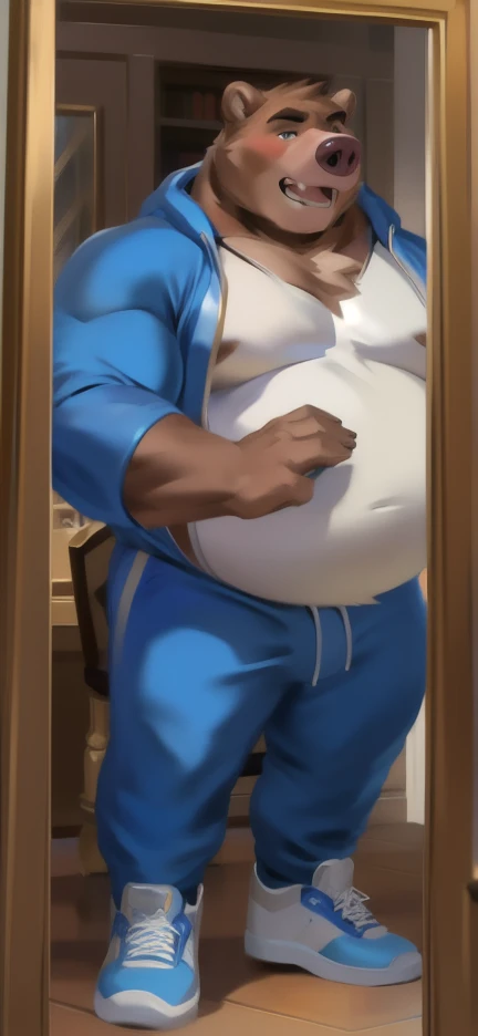 4k ultra quality, 4k full body view,(ultra high detailed body),muscular wolf,by mystikfox61, by glitter trap boy, by bebebebebe,by morethreedee, by seibear,(thick thigh),(chubby thigh),wide shoulder,thicc thigh,thick legs,chubby legs,thicc legs,massive butt,enomorous thigh,massive thigh,massive legs,thick lower legs,wide legs,(detailed thigh),wide thigh,sharp nails,((sfw)),(ultra detailed face),detailed eyes,big tail,fluffy tail,(detailed tail),enomorous tail,bigger tail,huge tail,volumetric light,big paws,(thick paws),fluffy paws,furry paws,enomorous paws,((long legs)),master works, super fine, 4k resolution, high quality,high picture detail,dark fantasy,illusory engine, Masterpiece,front view,faint lighting,wide body,enomorous body,wearing T-shirt,tight T-shirt,wearing shorts,tight shorts,huge bulge,standing in kitchen,male,enomorous body