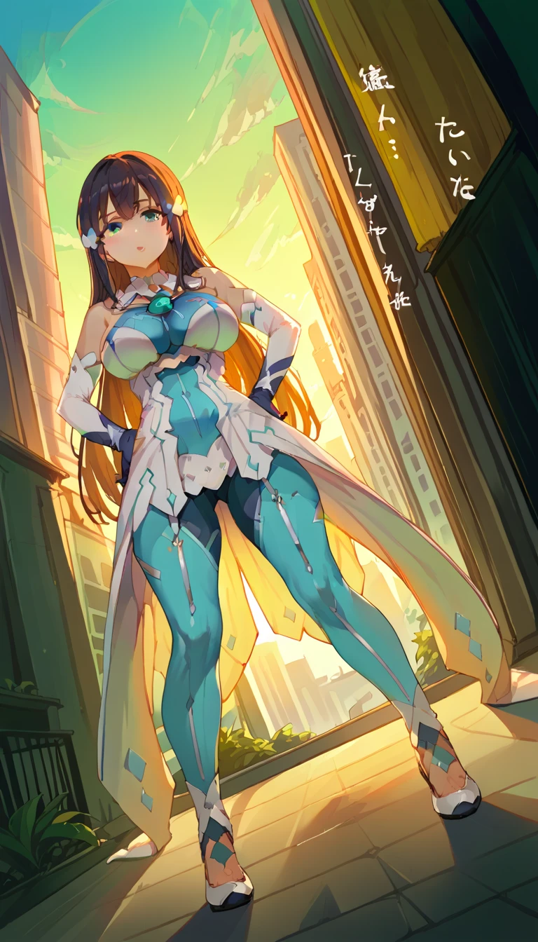 score_9, score_8_up, score_7_up, zPDXL, translation:,  1 girl, Alone,full body,MimoriTougouHeroSuit, long hair, headpiece, detached collar, bodysuit, bare shoulders, detached sleeves, gloves, standing with different breasts , hands on own hips, from below,  buttocks visible from thighs, front,  spread her legs,  Dutch Angle,
 outdoors on the street at night, city,  skyline,  blue sky