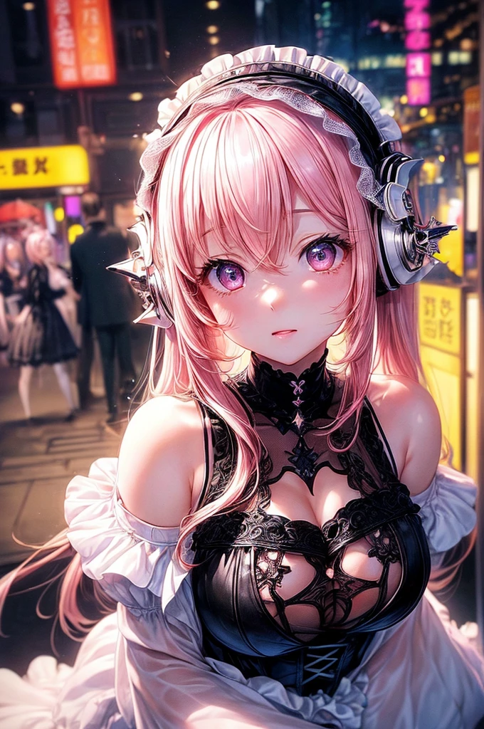Highest quality、Masterpiece、Super detailed、8K、、1 girl、Gray Hair、Fluffy, soft, loosely curled long hair、Twin tails、Cherry-colored eyes、White and pink lolita outfit、Lace cape、Pink Cat Ear Headphones、Neon city at night、Ribbon hairpin、Lots of ribbon hair accessories、Cleavage、smile、Embarrassed expression、White and pink neon city、Big Tits