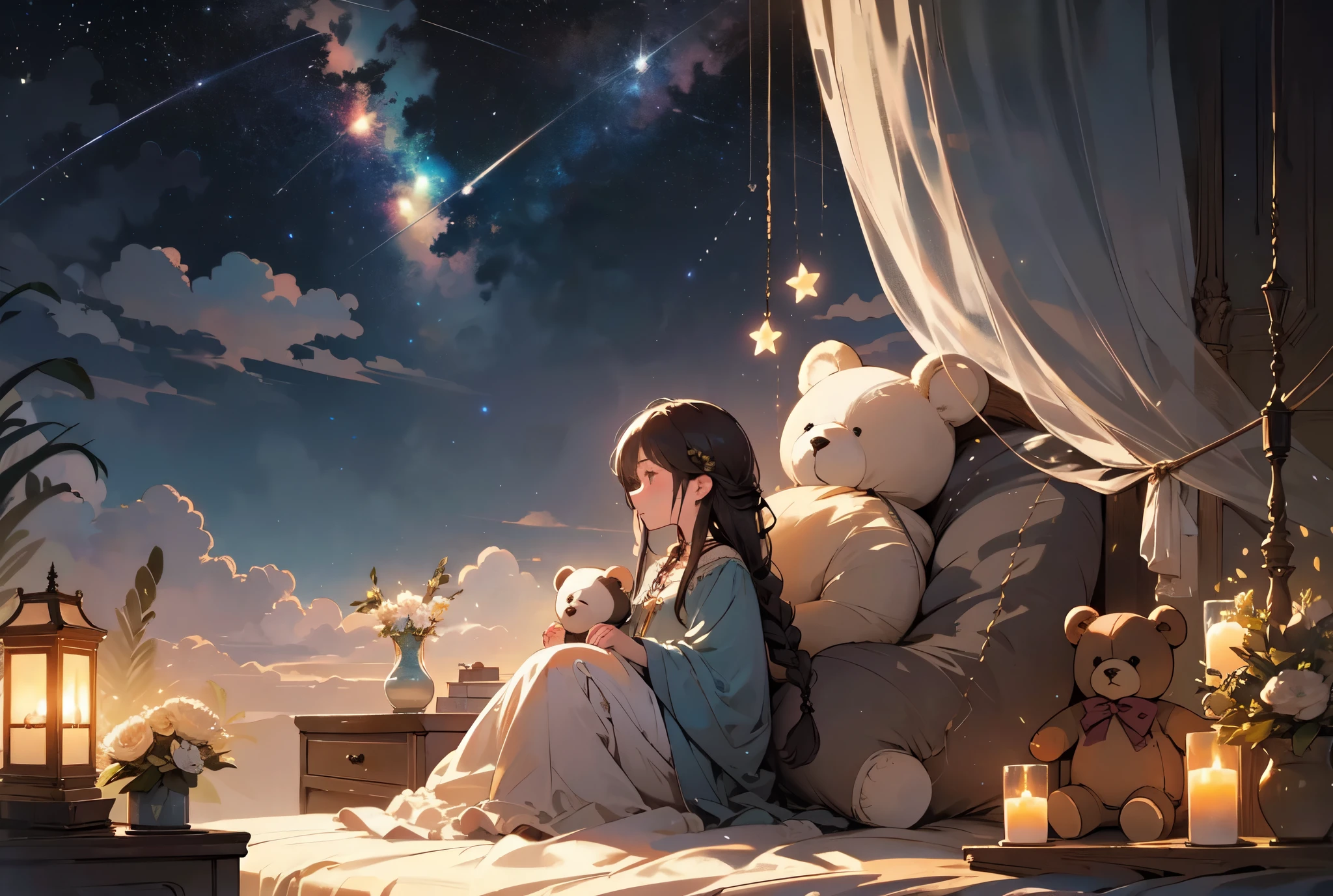 dreamy, magical, young girl, braided hair, sitting on fluffy cloud, holding teddy bear, cozy room, soft lighting, flower vase, glowing string lights, surreal, ethereal landscape, clouds, stars, glowing sky, peaceful gaze, serene atmosphere, innocence, imagination, whimsical, peaceful moment