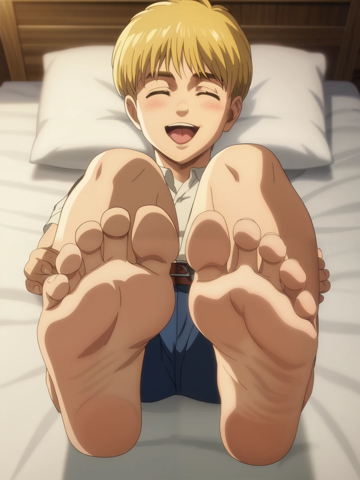 score_9, score_8_up,source_anime,
1boy, Armin Arlert,alone, looking at viewer, cowboy shot, anime screencap, anime coloring，barefoot，Perfect feet，Anatomically correct，soles，Focal length 35mm, Five toes，front，Symmetrical Soles，Foot Focus, in his bedroom, lying on the bed with his back against the mattress, lifting legs to show his soles, flirty gaze, from above, smile, closed eyed, open mouth, tongue out, blush