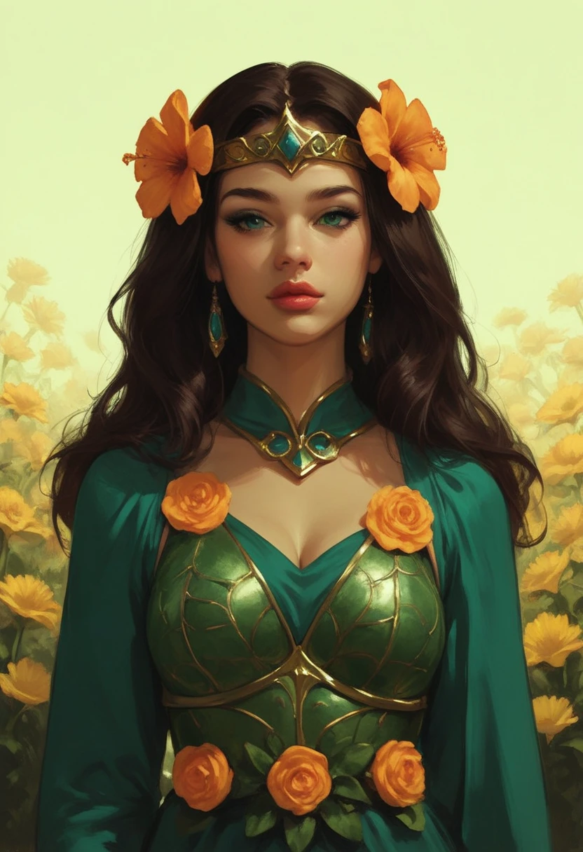 score_9, score_8_up, score_7_up, Western Comics, Portrait, girl, arabian, princess, cute, seductive, innocent, light smile:0.3, plump lips, slender body, flower dress, colorful, flower armor, green theme, teal and orange:0.85, dim colors, low saturation, depth of field, dynamic angle, fashion photography, sharp, hyperdetailed:1.15