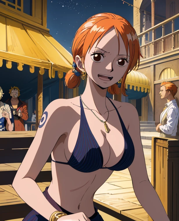  ( top quality , 4K, 8k,  high definition , masterpiece:1.2),  super detailed , ( realistic , photo realistic , photo- realistic :1.37) , Official Art , drawn in anime style , Nami in One Piece,Beautiful pale orange hair,Chignon, braids , Dominant Smile ,smile,Left shoulder tattoo, necklace, Big Breasts , purple dress,( jumping up and down),Around town, orange street lamp,(night), Eiffel Tower, Beautiful Starry Sky,アートスタイルはCharmingなアニメスタイルに似ている.  rendering. For enhanced visual effect, Add HDR, 超 high definition ,  Studio Lighting , Fine painting,  sharp concentration , 物理ベース rendering,  detailed description ,  professional ,  bright colors , ボケはなく安定拡散 professional ンプトを、Please enter as is, Generate realistic anime style for Nami in One Piece ,((( top quality ))), (( super detailed )),((masterpiece:1.5)),  detailed pictures, ( top quality : 1.4), ( One Girl ) , beautiful skin, Charming, 超 high definition ,  high image quality, (Sexually excited:1.5), Cinematic Writing:1.7, Sunshine Spot:1.3,shadow spot 1 .2,Perfect means, Perfect Limbs ,Perfect means