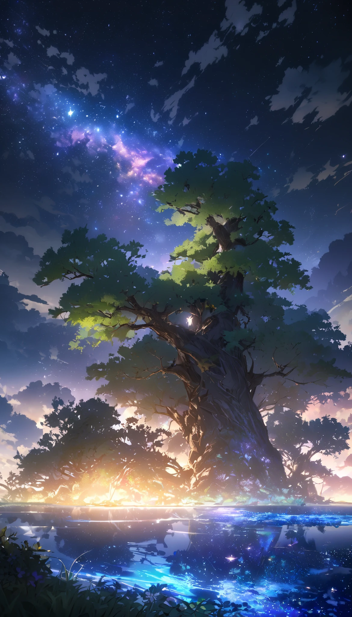 z8(magical pretty night Sky green stream overlay scene), (Sky), (cloud), soft light, Clear background,  Beautiful Landscape , masterpiece,  High Quality , beautiful graphics,  high detail,  Epic scenery , flower園, flower, cloud, (night starry Sky, the river behind, Huge old tree behind, 身後飄落的發光粉紅flower瓣)，Glowing Elves， particle effect