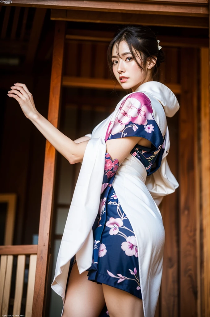 (8k,  RAW photos ,  top quality , masterpiece:1.2), ( realistic , photo- realistic :1.4), ( Extremely Detailed CG Unity 8K Wallpaper),  super high resolution ,  one woman alone , nsfw, (from below:1.4),  look down,  long hair, ( short dress like a kimono:1.2), (Women&#39;s Underwear),  slim,  beautiful legs, chest,  perfect skin, ,  standing with different breasts , Blur_background