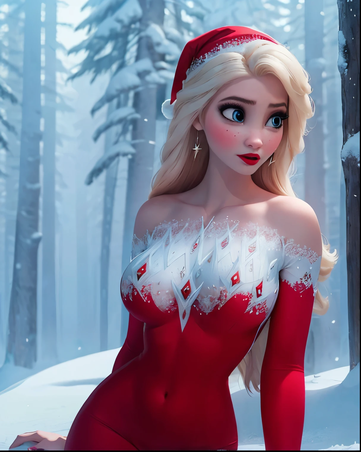 Elsa wearing a sexy short and tight red dress with white embroidery, with a Santa Claus hat, long legs, standing on a snow forest, white pale skin, beautiful face, perfect body, (big ass and big boobs), big red lips, snow forest background, best illumination, intricate, photorealistic, ultra HD, 16k.