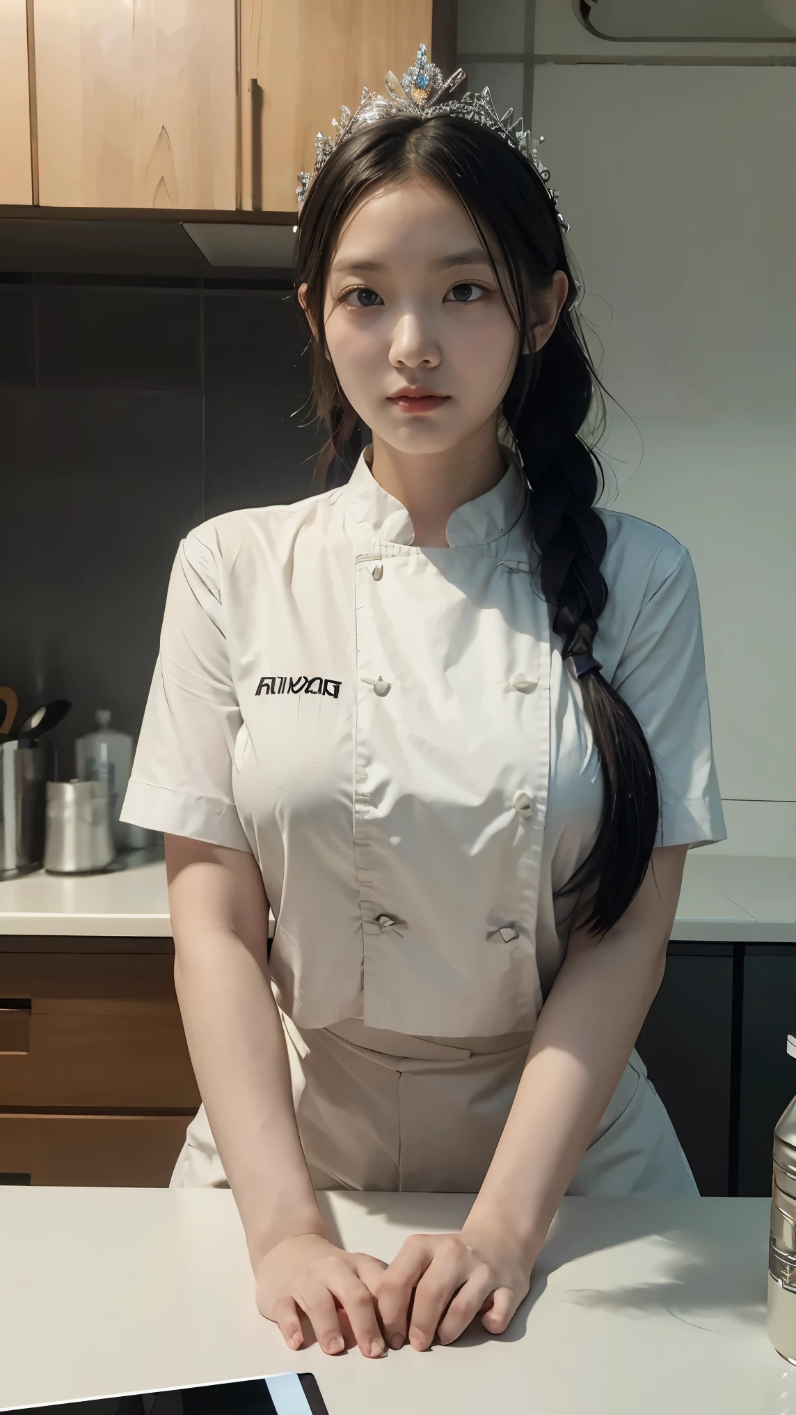 (Best quality at best)), ((tmasterpiece)), (The content is very detailed: 1.3), 3D, Mecha Chef,The eyes are delicate,largeeyes, Beautiful cyberpunk woman wearing a crown, Comes with chef style armor, sci-fi tech, HighDynamicRange(HighDynamicRange), Ray traching, NVIDIA RTX, Hyper-Resolution, Unreal 5, sub surface scattering, PBR textures, Post-processing,big breasts, Anisotropy Filtering, depth of fields, Maximum Acutance and Acutance, Many-Layer Textures, Specular and albedo mapping, Surface Coloring, Accurately simulate the interaction of light with materials, proporções perfeitas,Rendered by Octane,twotonelighting,Low ISO,White balance,trichotomy,largeaperture,8K raw data,High efficiency sub-pixel,sub-pixel convolution,Light particles,Light scattering,dingdall effect,Very sexy,Full body lesbian,Fighting posture,black hair and braids, Hot body