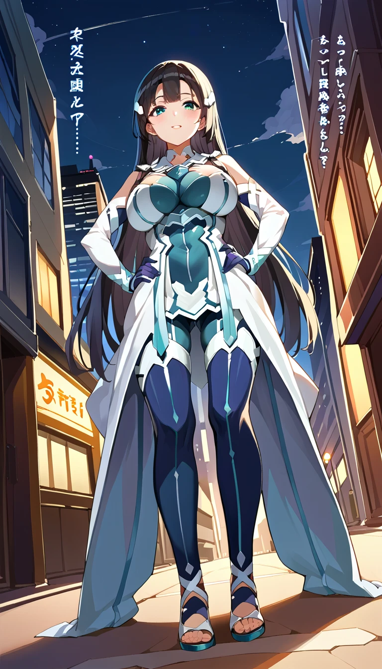 score_9, score_8_up, score_7_up, zPDXL, translation:,  1 girl, Alone,full body,MimoriTougouHeroSuit, long hair, headpiece, detached collar, bodysuit, bare shoulders, detached sleeves, gloves, standing with different breasts , hands on own hips, from below,  buttocks visible from thighs, front,  spread her legs,  Dutch Angle,
 outdoors on the street at night, city,  skyline,  blue sky