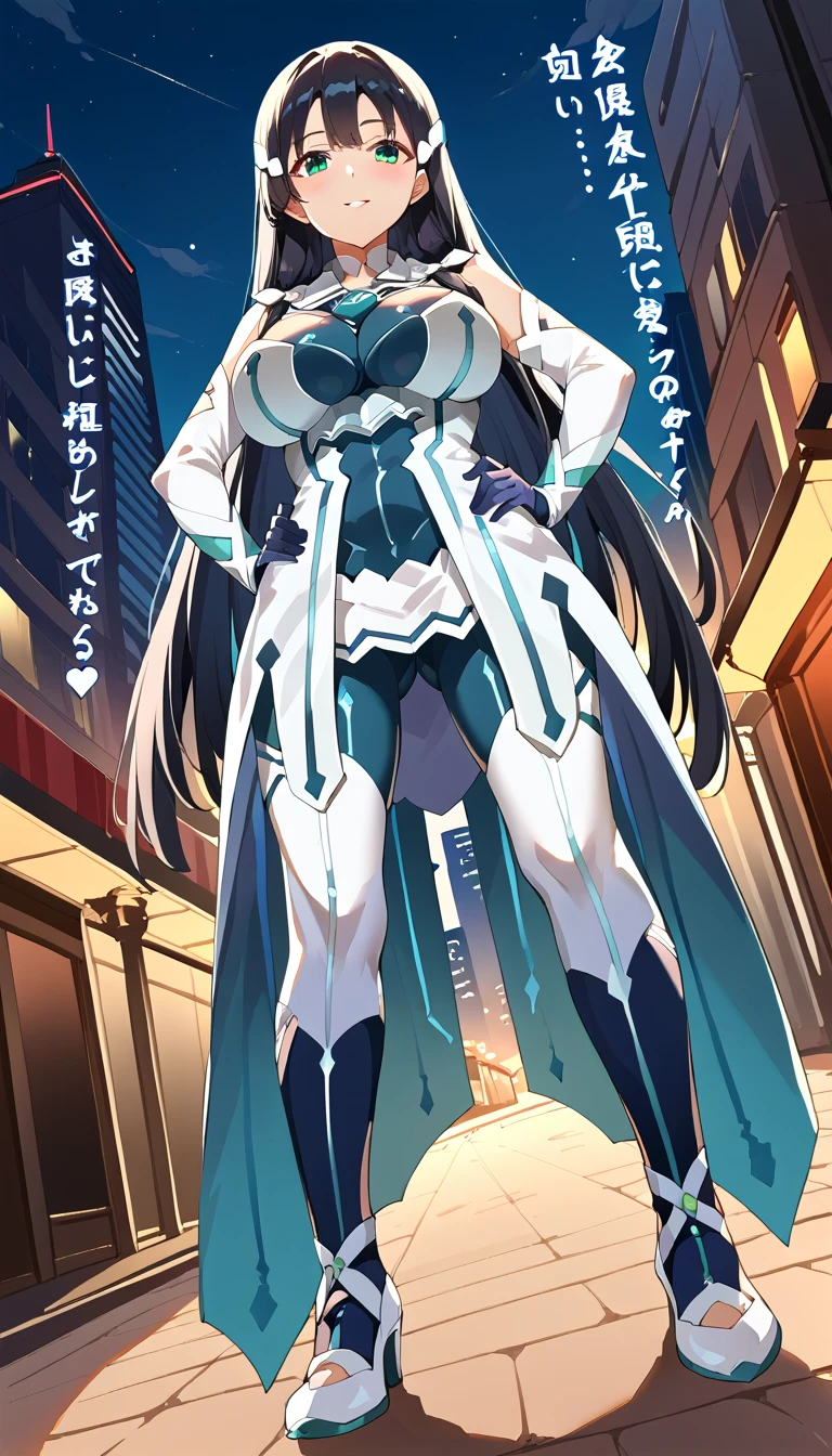 score_9, score_8_up, score_7_up, zPDXL, translation:,  1 girl, Alone,full body,MimoriTougouHeroSuit, long hair, headpiece, detached collar, bodysuit, bare shoulders, detached sleeves, gloves, standing with different breasts , hands on own hips, from below,  buttocks visible from thighs, front,  spread her legs,  Dutch Angle,
 outdoors on the street at night, city,  skyline,  blue sky