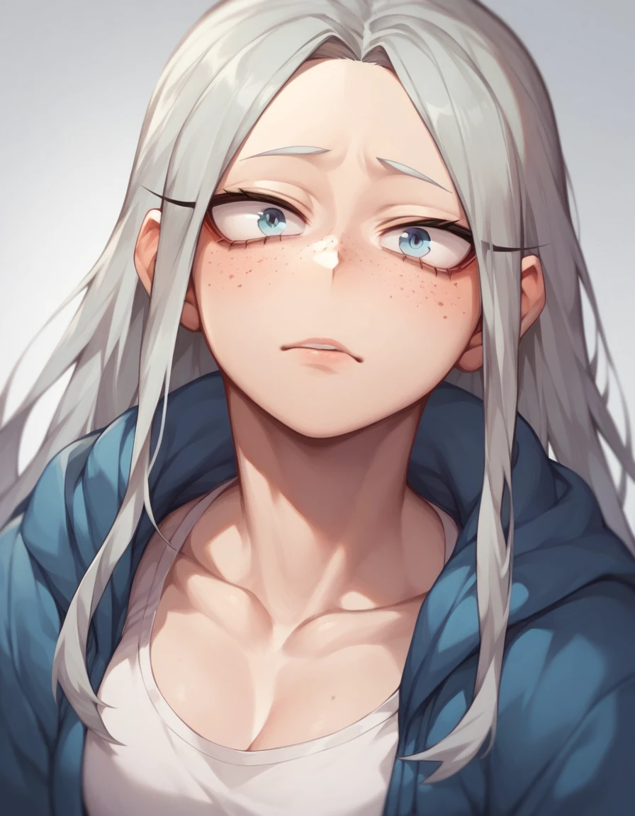  A grey-haired girl with black tips like a blur,  her skin is white with small freckles ,  his hair is short and wavy . A capture of the style of Boku No Hero Academia .