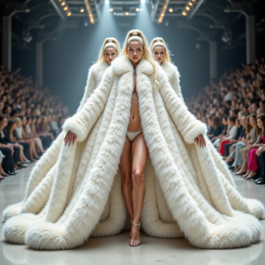 Very wide、Very thick, white mink fur coat, Thickness 150cm, fluffy, Thick white mink fur collar, 3 floors、Wearing a thick white mink fur hood、3 floors、(Fur fashion show)、naked、Nordic beauties、High ponytail、(Very large breasts:4.1)、naked、(Squat down and spread your legs)