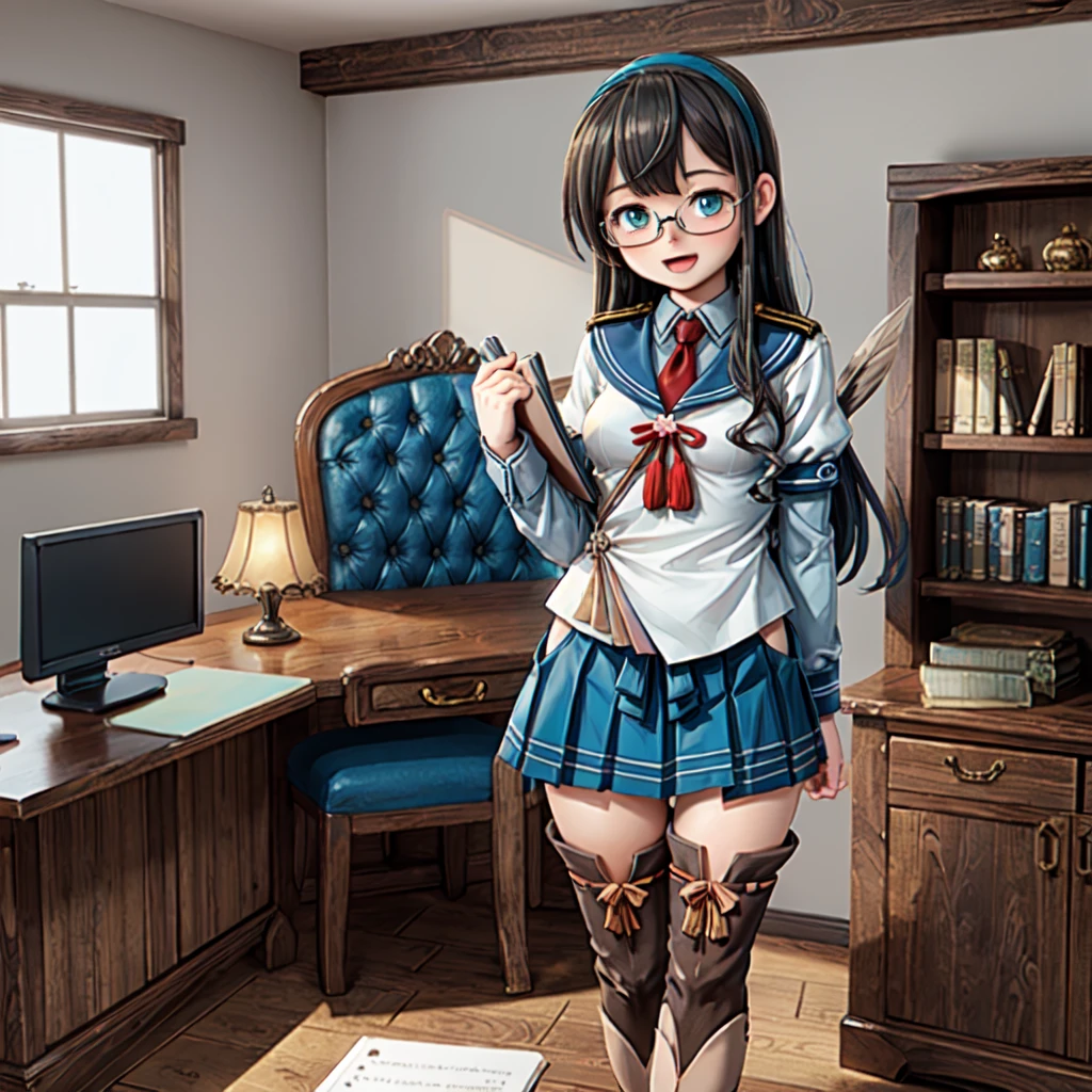 (masterpiece), (best quality), (ultra-detailed), photorealistic, (best illustration), (an extremely delicate and beautiful), 1girl, ooyodo \(kancolle\), standing, teal hairband, serafuku, blue sailor collar, short over long sleeves, semi-rimless eyewear, red necktie, :d, red bow, flower ornament, blue eyes, breasts, blue skirt, hip vent, thigh boots, ribbon-trimmed legwear, single sidelock on right, asymmetric hair, holding clipboard, quill, detailed indoor scenery, bookshelf, wooden desk, gold lamp, finely detailed iris