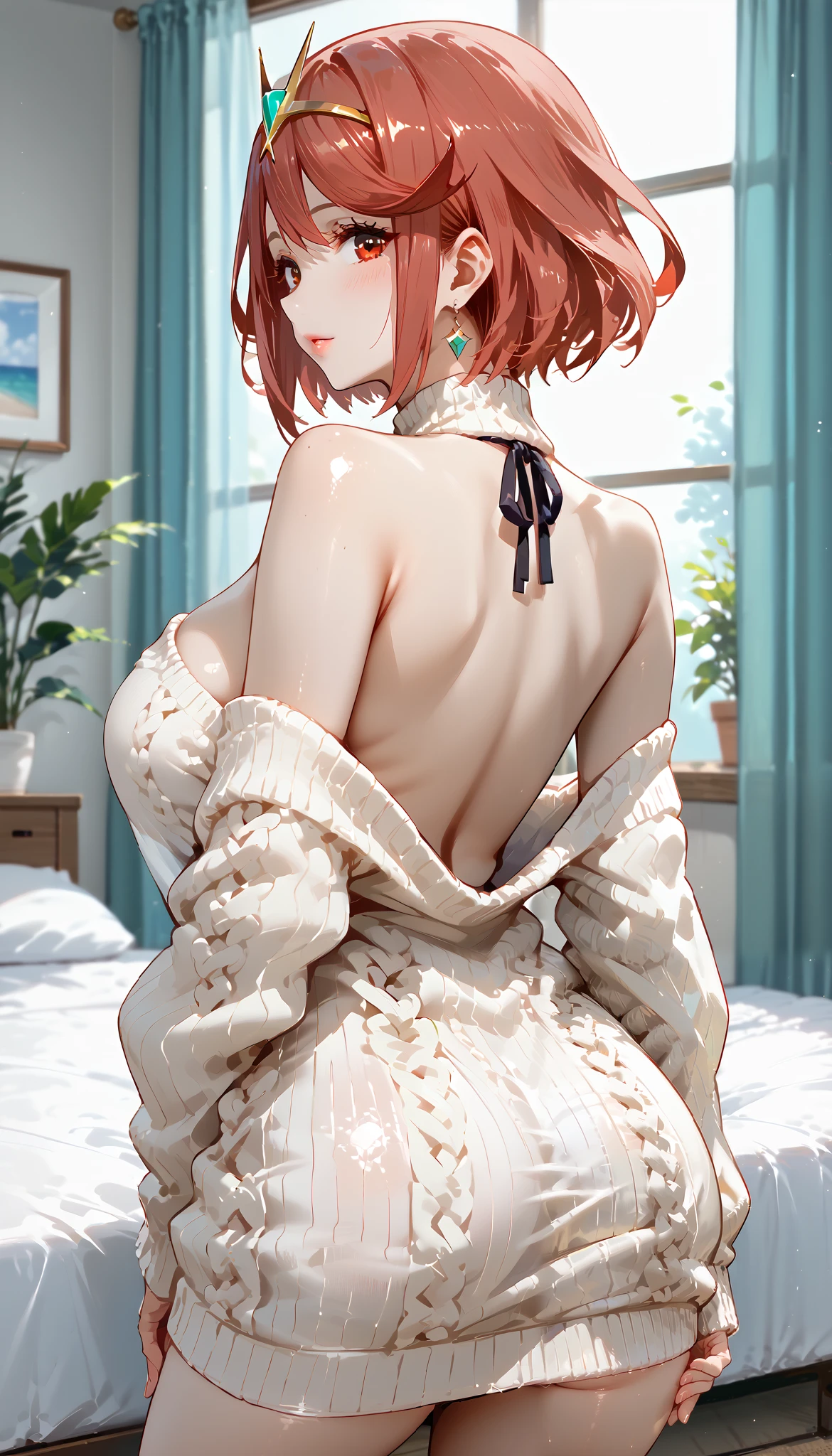 pyra \(xenoblade\), 1girl, red hair, short hair, swept bangs, bob cut, red eyes, source_anime, masterpiece,best quality, huge breasts, flash gyaru, 1girl, solo, (white sweater), from_behind, dress, looking_at_viewer, sidelocks, looking_back, bare_shoulders, back_cutout, back,, sweater_dress, off_shoulder, clothing_cutout, long_sleeves, off-shoulder_sweater, back_focus, bed room, hand on hip