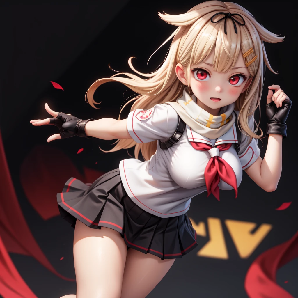 (masterpiece, best quality:1.2),illustration,8k,hd,1girl,solo,blonde_hair,long_hair,ribbon,hair_ribbon,hair_ornament,hair_flaps,hairclip,red_eyes,black_ribbon,breasts,black_skirt,fingerless_gloves,pleated_skirt,scarf,school_uniform,skirt,black_gloves,black_serafuku,red_neckerchief,white_scarf,short_sleeves,