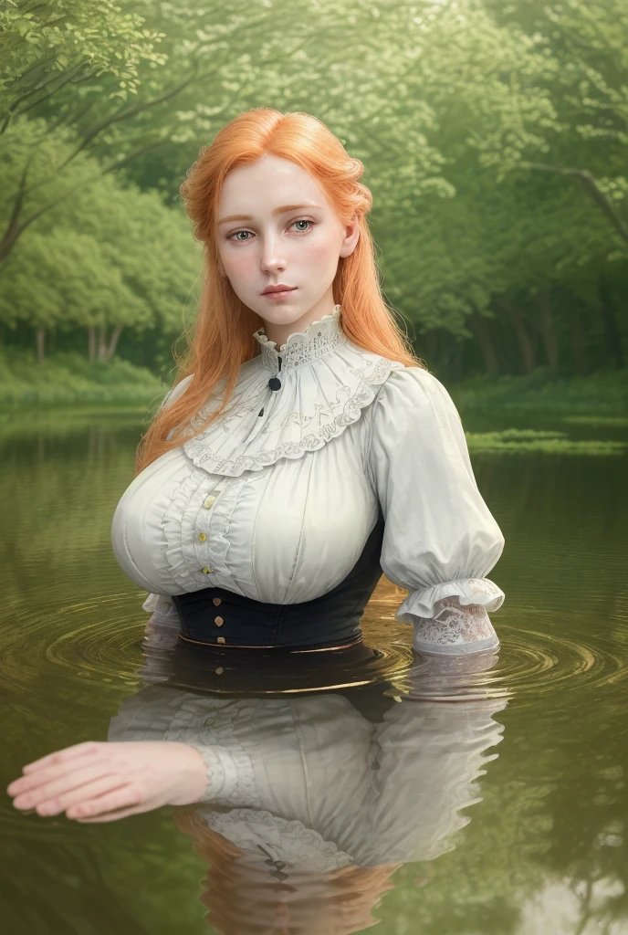 1800s aesthetic, redhead and blonde hair, sharp facial features, (gigantic breasts:1.3), beautiful detailed lace dress, long puff sleeves, cinched waist, refined silk or fine cotton fabric, elegant victorian fashion, detailed fashion illustration, swimming in lake, peaceful nature landscape, lush green foliage, warm golden hour lighting, reflections in water , (best quality,4k,8k,highres,masterpiece:1.2),ultra-detailed,(realistic,photorealistic,photo-realistic:1.37),intricate details, dramatic lighting, cinematic composition, elegant and sophisticated, soft pastel colors, dreamlike atmosphere