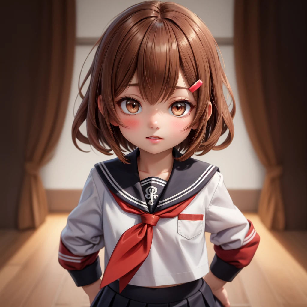 (masterpiece, best quality:1.2),illustration,8k,hd,1girl,solo,upper body,(portrait:1.2),brown_hair,short_hair,hairclip,hair_ornament,brown_eyes,serafuku,school_uniform,red_neckerchief,pleated_skirt,long_sleeves,black_pantyhose,