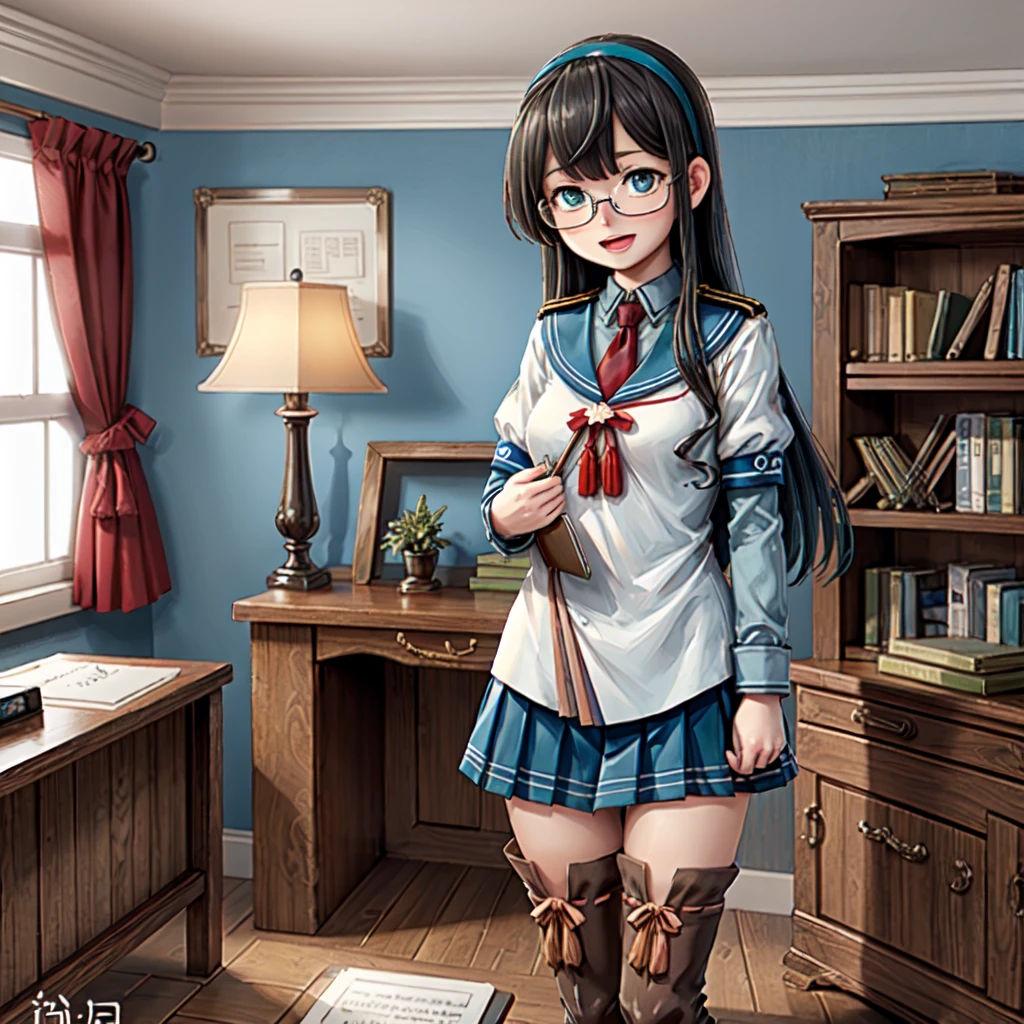 (masterpiece), (best quality), (ultra-detailed), photorealistic, (best illustration), (an extremely delicate and beautiful), 1girl, ooyodo \(kancolle\), standing, teal hairband, serafuku, blue sailor collar, short over long sleeves, semi-rimless eyewear, red necktie, :d, red bow, flower ornament, blue eyes, breasts, blue skirt, hip vent, thigh boots, ribbon-trimmed legwear, single sidelock on right, asymmetric hair, holding clipboard, quill, detailed indoor scenery, bookshelf, wooden desk, gold lamp, finely detailed iris