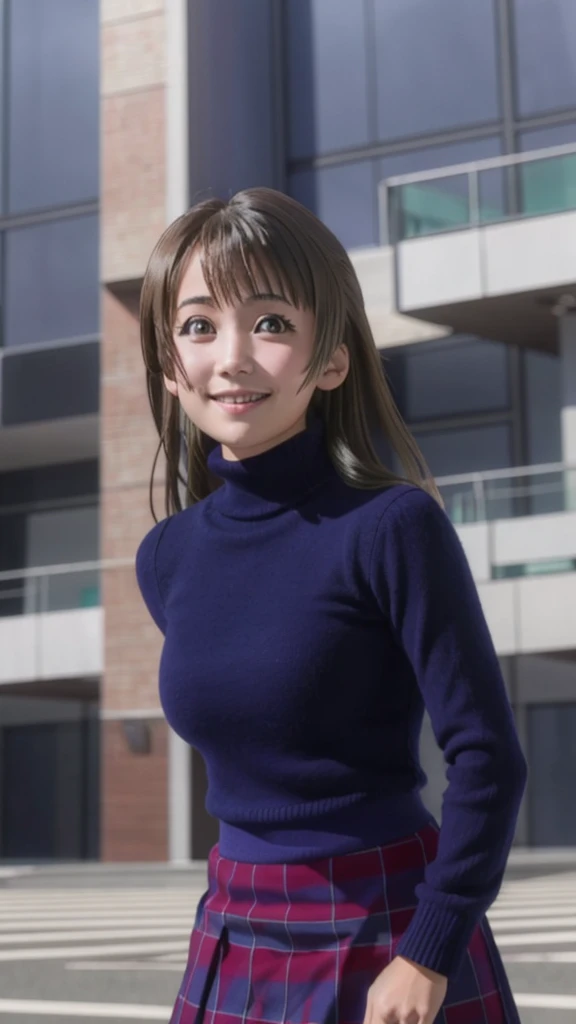 pixel perfect, Perfect in every detail, alone, 1 girl, Saten Ruiko, medium breasts,wave hair,turtleneck,,mini skirt,smile,stylish pose,stylish angle,looking at the viewer,in the center of the image,alone,