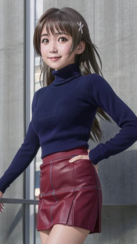 pixel perfect, Perfect in every detail, alone, 1 girl, Saten Ruiko, medium breasts,wave hair,turtleneck,,mini skirt,smile,stylish pose,stylish angle,looking at the viewer,in the center of the image,alone,