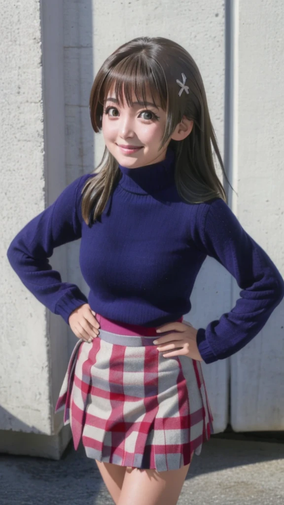 pixel perfect, Perfect in every detail, alone, 1 girl, Saten Ruiko, medium breasts,wave hair,turtleneck,,mini skirt,smile,stylish pose,stylish angle,looking at the viewer,in the center of the image,alone,