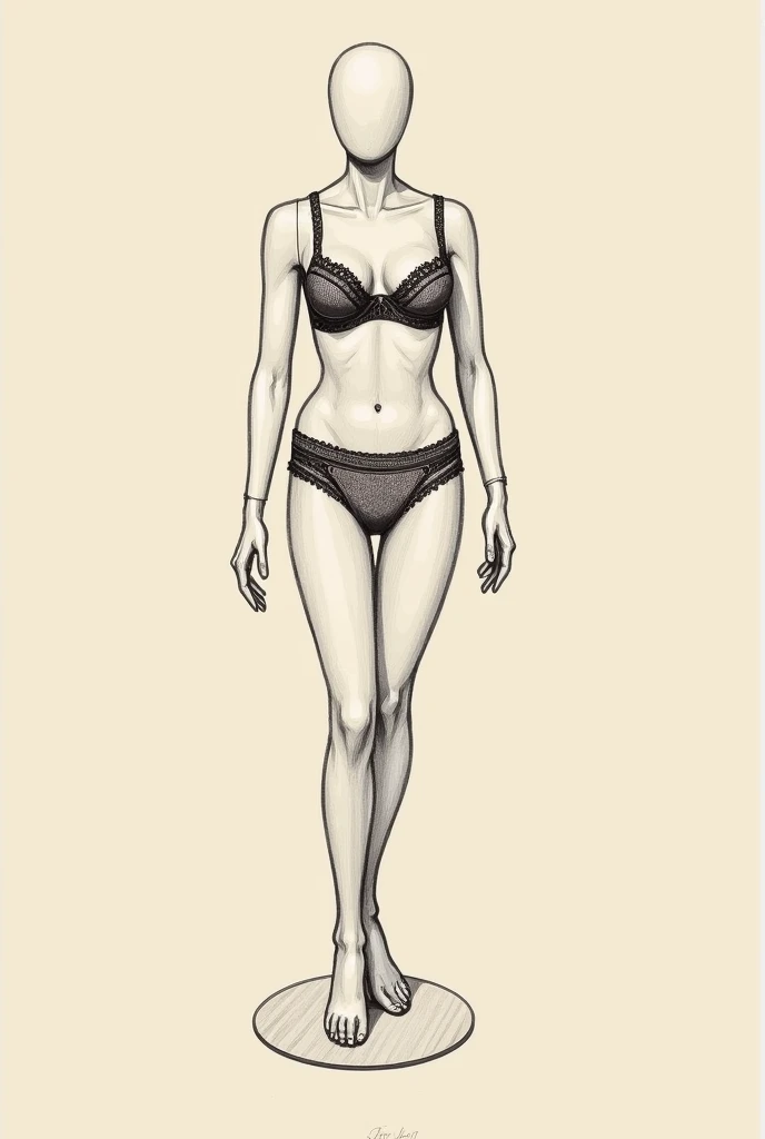Sketch of woman in underwear looking full body front, light skin color brown hair and tender