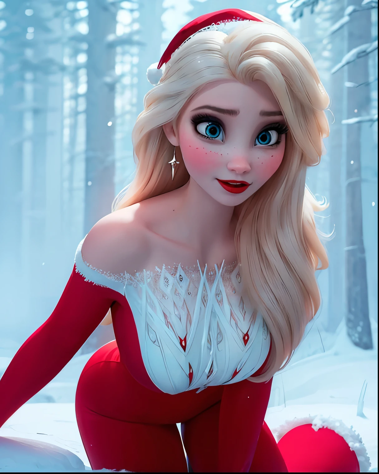 Elsa wearing a sexy short and tight red dress with white embroidery, with a Santa Claus hat, long legs, standing on a snow forest, white pale skin, beautiful face, perfect body, (big ass and big boobs), big red lips, snow forest background, best illumination, intricate, photorealistic, ultra HD, 16k.